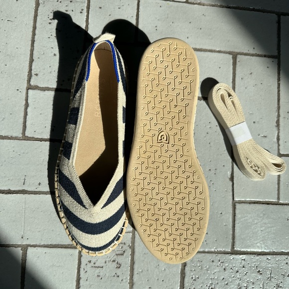 NEW Rothy’s Navy + Off-White Striped Espadrilles, Optional Ankle Ties, sz 6.5 - Picture 8 of 8
